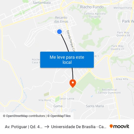 Av. Potiguar | Qd. 405, Conj. 2 to Universidade De Brasília - Campus Do Gama map