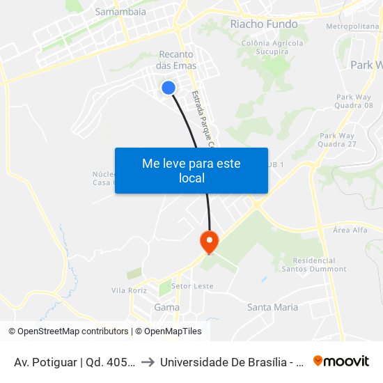 Av. Potiguar | Qd. 405 (West Carnes) to Universidade De Brasília - Campus Do Gama map