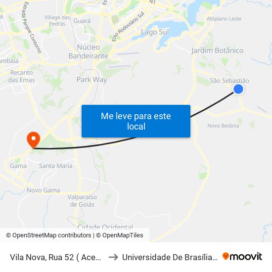 Vila Nova, Rua 52 ( Acesso Mercado União) to Universidade De Brasília - Campus Do Gama map