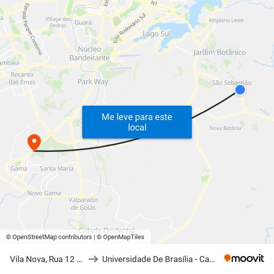 Vila Nova, Rua 12 (Skina 14) to Universidade De Brasília - Campus Do Gama map