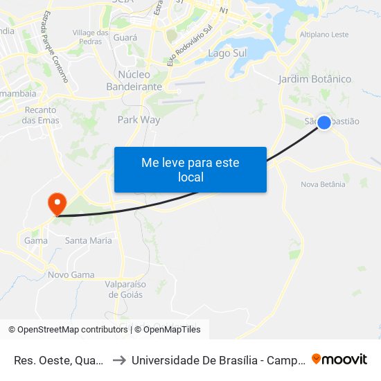 Res. Oeste, Quadra 102 to Universidade De Brasília - Campus Do Gama map