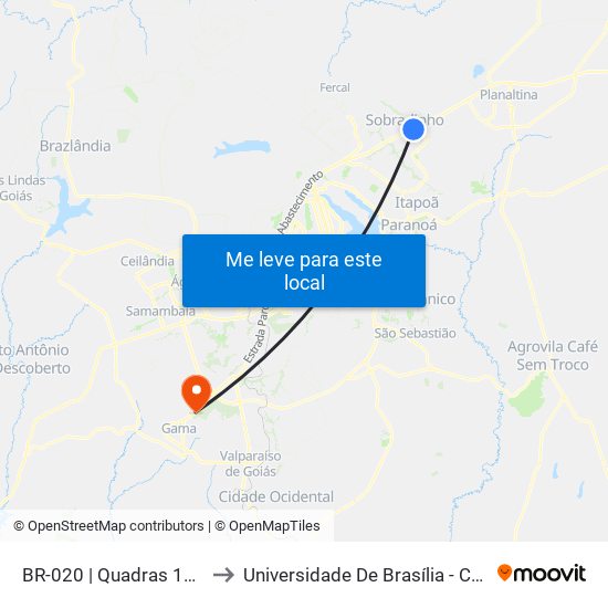 BR-020 | Quadras 14/16 (Viplan) to Universidade De Brasília - Campus Do Gama map