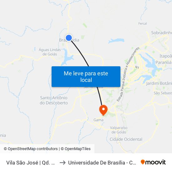 Vila São José | Qd. 36, Conj. B/C to Universidade De Brasília - Campus Do Gama map
