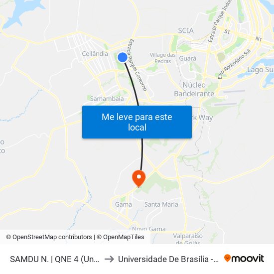 Samdu Norte | Qne 4 (Uniplan / Vivendas) to Universidade De Brasília - Campus Do Gama map