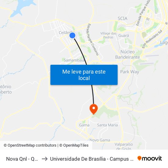 Nova Qnl - Qnl 26 to Universidade De Brasília - Campus Do Gama map