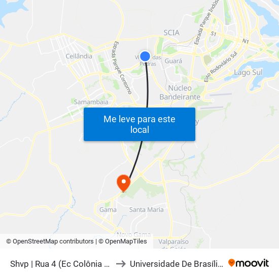 Shvp | Rua 4 (Ec Colônia Agrícola Vicente Pires) to Universidade De Brasília - Campus Do Gama map