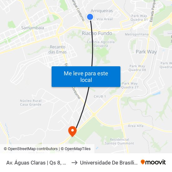 Av. Águas Claras | Qs 8, Rua 210 (Drogaria Phd) to Universidade De Brasília - Campus Do Gama map