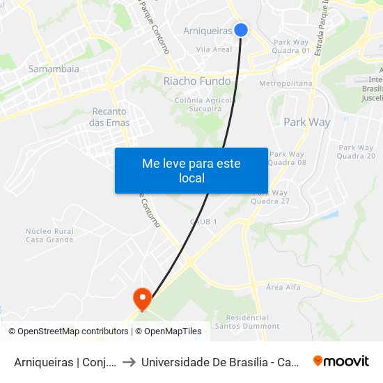 Arniqueiras | Conj. 4, Ch. 64 to Universidade De Brasília - Campus Do Gama map