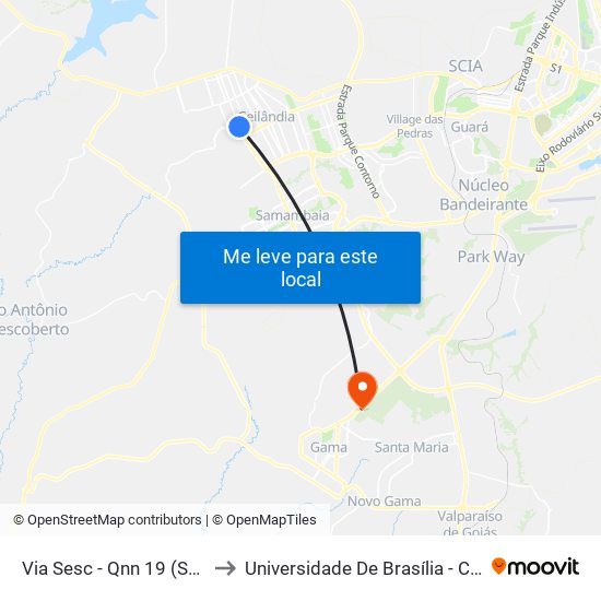 Via Sesc - Qnn 19 (Sesc Ceilândia) to Universidade De Brasília - Campus Do Gama map