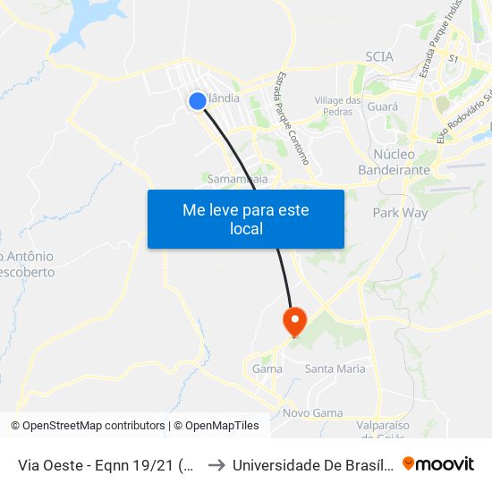 Via Oeste - Eqnn 19/21 (Estação Ceilândia Norte) to Universidade De Brasília - Campus Do Gama map