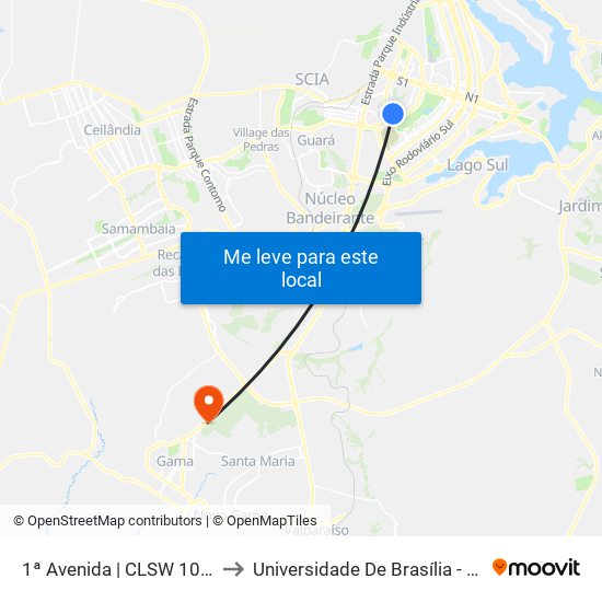1ª Avenida | CLSW 104 (McDonald's) to Universidade De Brasília - Campus Do Gama map