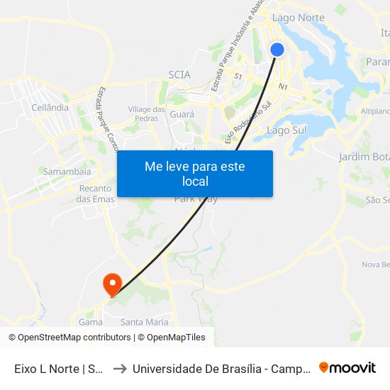 Eixo L Norte | SQN 209 to Universidade De Brasília - Campus Do Gama map
