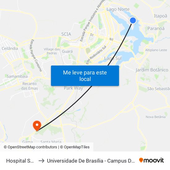 Hospital Sarah to Universidade De Brasília - Campus Do Gama map