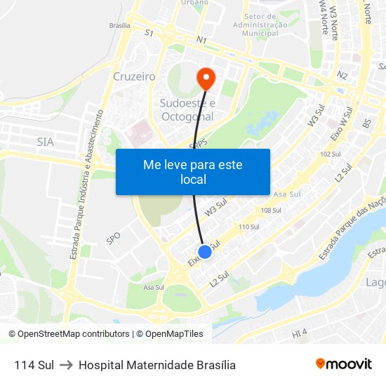 114 Sul to Hospital Maternidade Brasília map