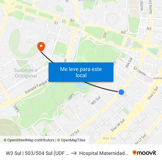 W3 Sul | 503/504 Sul (Udf / Big Box) to Hospital Maternidade Brasília map