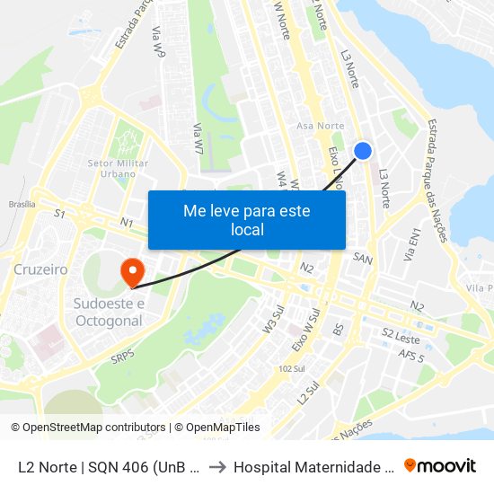 L2 Norte | SQN 406 (UnB / CEAN) to Hospital Maternidade Brasília map