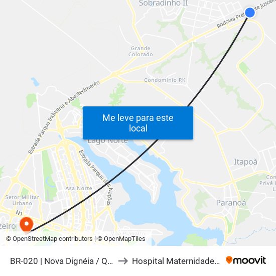 BR-020 | Nova Dignéia / Quadra 18 to Hospital Maternidade Brasília map