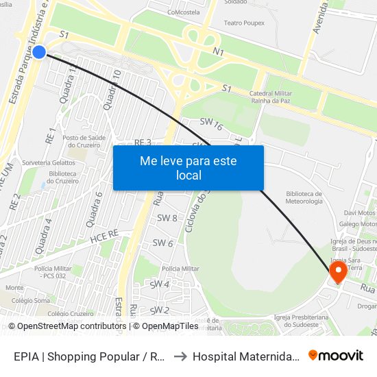 Epia Sul | Shopping Popular / Rodoferroviaria to Hospital Maternidade Brasília map