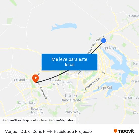 Varjão | Qd. 6, Conj. F to Faculdade Projeção map