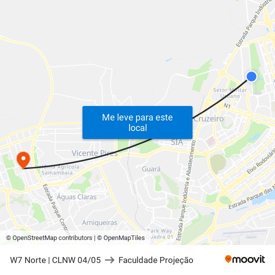 W7 Norte (Acesso Sqnw 105) to Faculdade Projeção map
