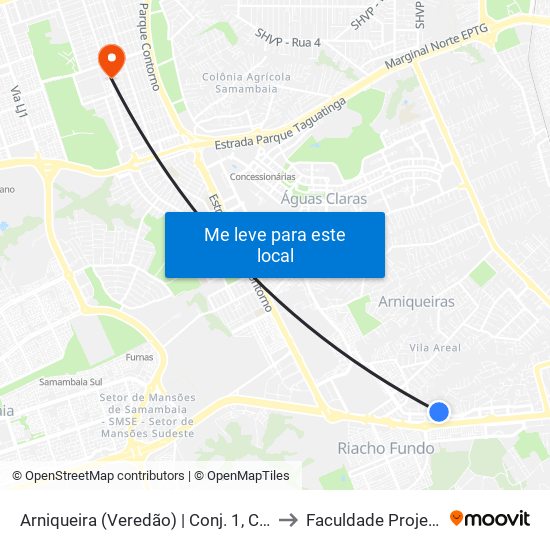 Arniqueira (Veredão) | Conj. 1, Ch. 44 to Faculdade Projeção map