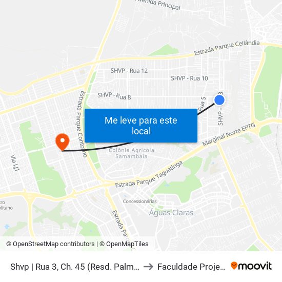 Shvp | Rua 3, Ch. 45 (Resd. Palmares) to Faculdade Projeção map