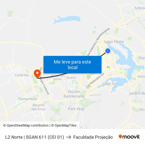 L2 Norte | SGAN 611 (CEI 01) to Faculdade Projeção map
