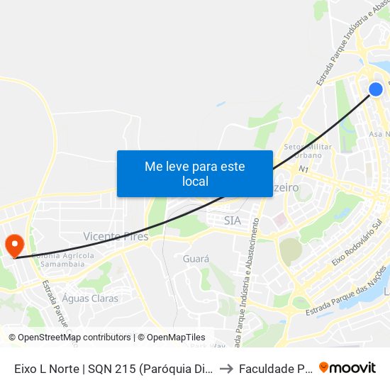 Eixo L Norte | SQN 215 (Paróquia Divina Misericórdia) to Faculdade Projeção map