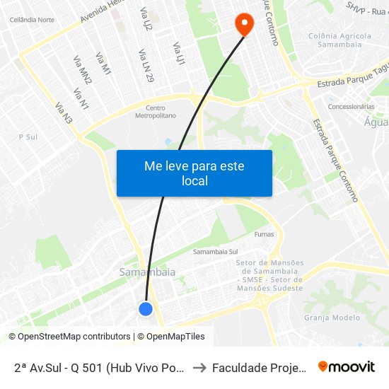 2ª Av.Sul - Q 501 (Hub Vivo Por Ti) to Faculdade Projeção map