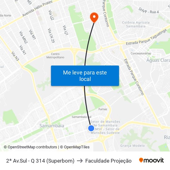 2ª Av.Sul - Q 314 (Superbom) to Faculdade Projeção map