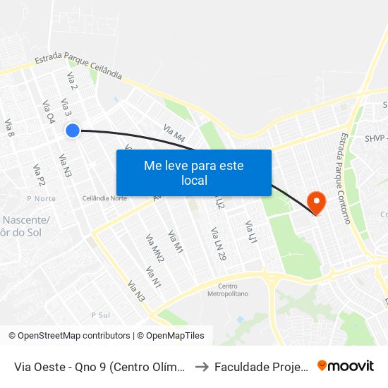 Via Oeste - Qno 9 (Centro Olímpico) to Faculdade Projeção map