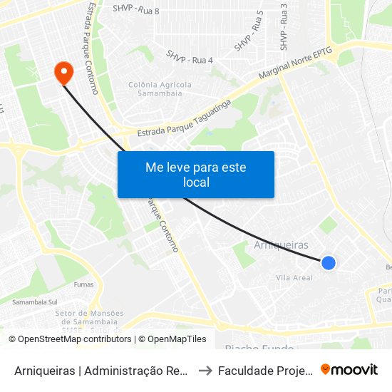 Arniqueiras | Administração Regional to Faculdade Projeção map