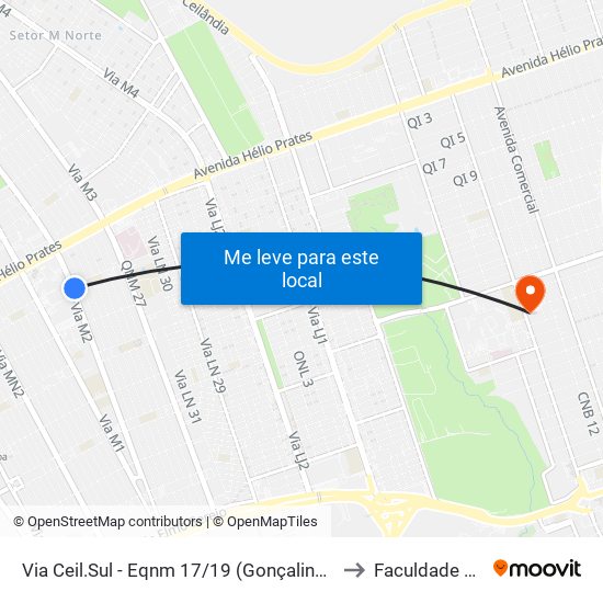 Via Ceil.Sul - Eqnm 17/19 (Gonçalina/Shopping Popular) to Faculdade Projeção map