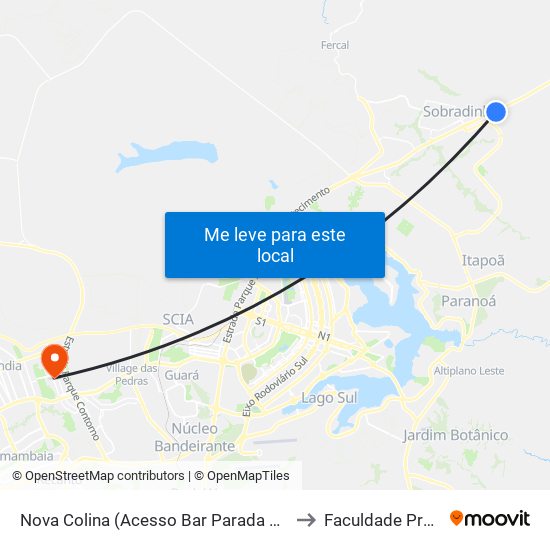 Nova Colina (Acesso Bar Parada Obrigatória) to Faculdade Projeção map