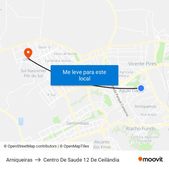 Arniqueiras to Centro De Saude 12 De Ceilândia map