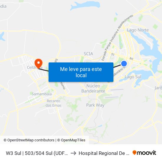 W3 Sul | 503/504 Sul (Udf / Big Box) to Hospital Regional De Ceilândia map