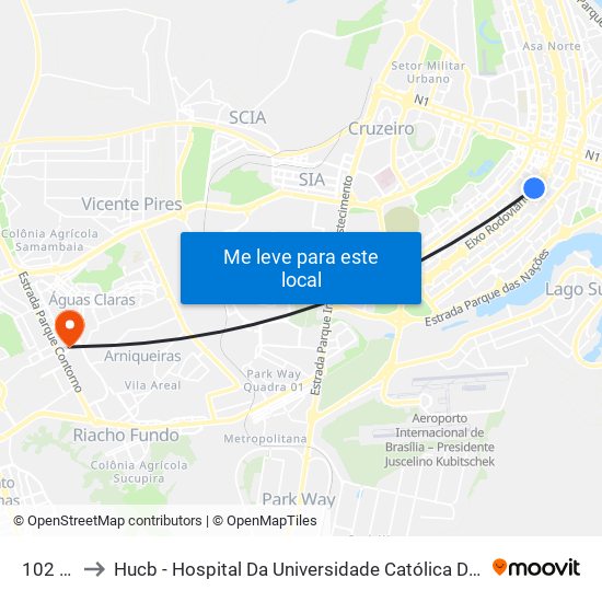 102 Sul to Hucb - Hospital Da Universidade Católica De Brasília map