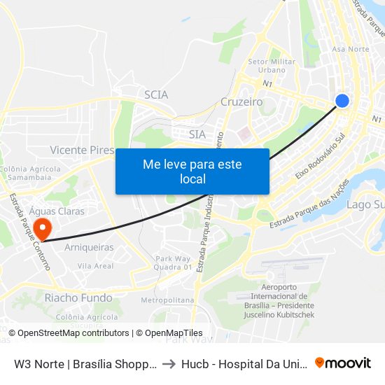 W3 Norte | Brasília Shopping / Polícia Federal / S C N / S H N to Hucb - Hospital Da Universidade Católica De Brasília map