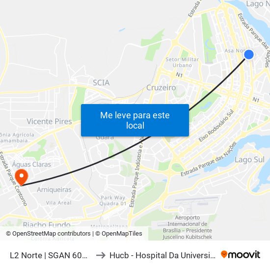 L2 Norte | Sgan 607 (Brasília Medical Center / Cean) to Hucb - Hospital Da Universidade Católica De Brasília map