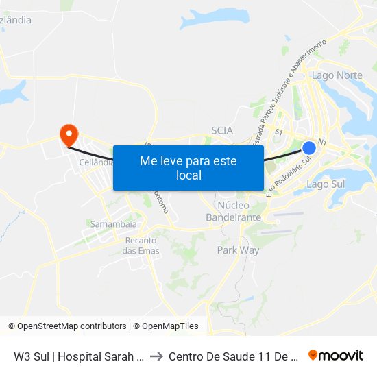 W3 Sul | Hospital Sarah / SRTVS to Centro De Saude 11 De Ceilândia map