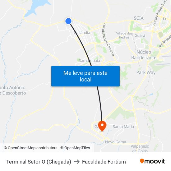 Terminal Setor O (Chegada) to Faculdade Fortium map