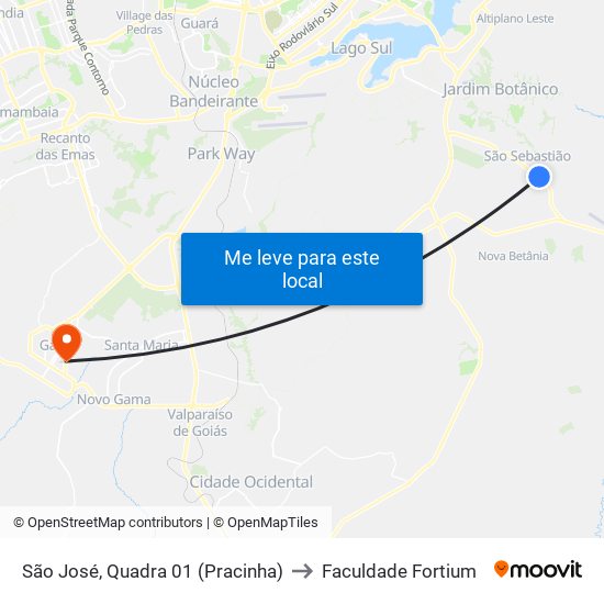 São José, Quadra 01 (Pracinha) to Faculdade Fortium map