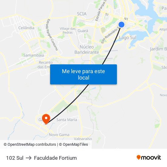 102 Sul to Faculdade Fortium map