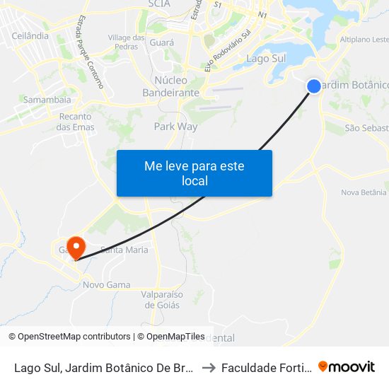Lago Sul, Jardim Botânico De Brasília to Faculdade Fortium map