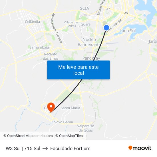 W3 Sul | 715 Sul (SICOOB) to Faculdade Fortium map