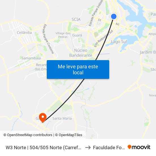 W3 Norte | 504/505 Norte (Carrefour Bairro) to Faculdade Fortium map