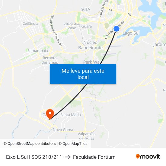 Eixo L Sul | SQS 210/211 to Faculdade Fortium map