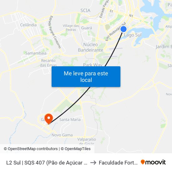 L2 Sul | SQS 407 (Pão de Açúcar / IDP) to Faculdade Fortium map