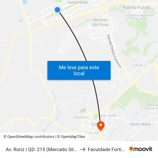 Av. Roriz | QD. 215 (Mercado Silva) to Faculdade Fortium map