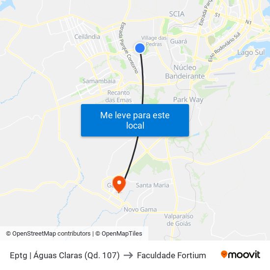 Eptg | Águas Claras (Qd. 107) to Faculdade Fortium map